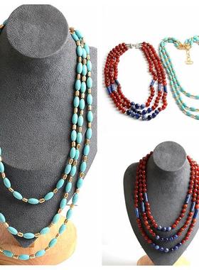 新品轻奢气质蓝松石多层项链民族风夸张高贵红玛瑙石项饰配饰