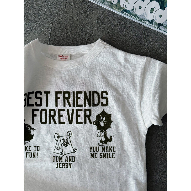 26年夏季新款美式卡通BEST FRIENDS植绒印花儿童竹节短袖T恤上衣