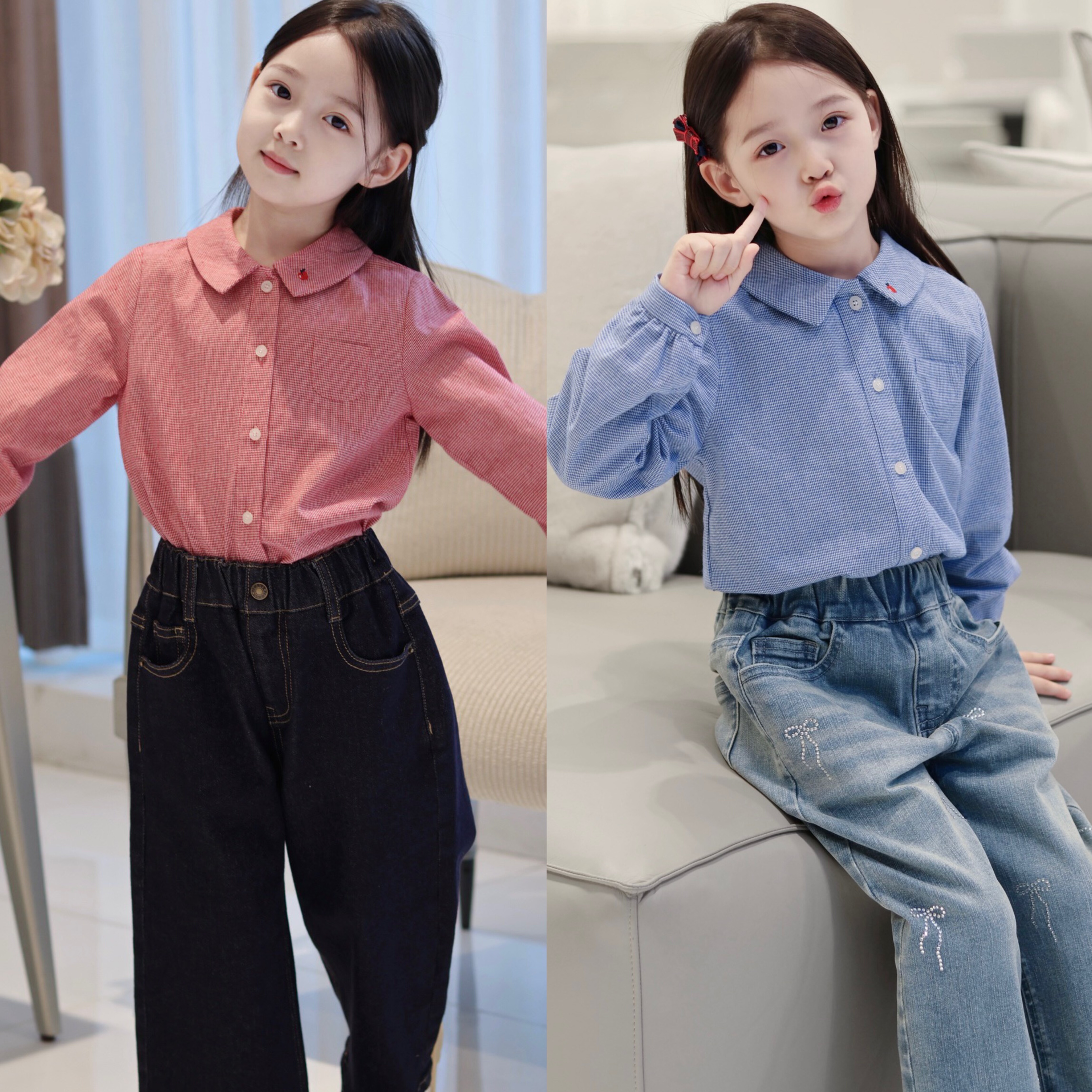 现货2025秋季新款女童樱桃牛仔裤儿童翻领日系两色格子刺绣衬衫