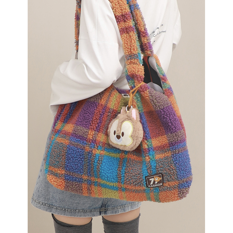 秋冬羊羔绒毛毛格纹单肩托特包