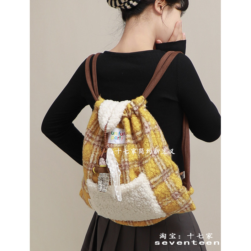 十七家韩系ins毛呢格纹高颜值双肩背女2024秋冬新款小众束口背包,箱包皮具/热销女包/男包,双肩背包,淘宝优惠券,粉丝福利购,淘宝优惠卷