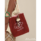 十七家卡通刺绣卷毛小狗单肩包秋冬灯芯绒双面背复古托特包布袋包