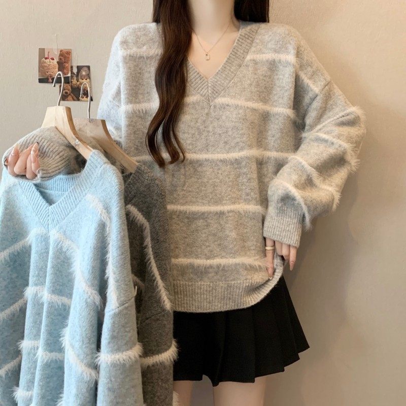 大码女装2025秋冬新款胖MMV领条纹拼水貂落肩袖套头长袖上衣毛衣,女装/女士精品,大码内搭,淘宝优惠券,粉丝福利购,淘宝优惠卷