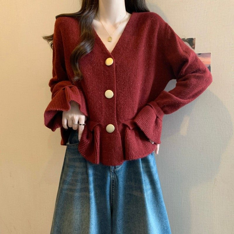 大码女装2025秋冬新款过年红法式气质木耳下摆喇叭袖开衫毛衣潮,女装/女士精品,大码内搭,淘宝优惠券,粉丝福利购,淘宝优惠卷
