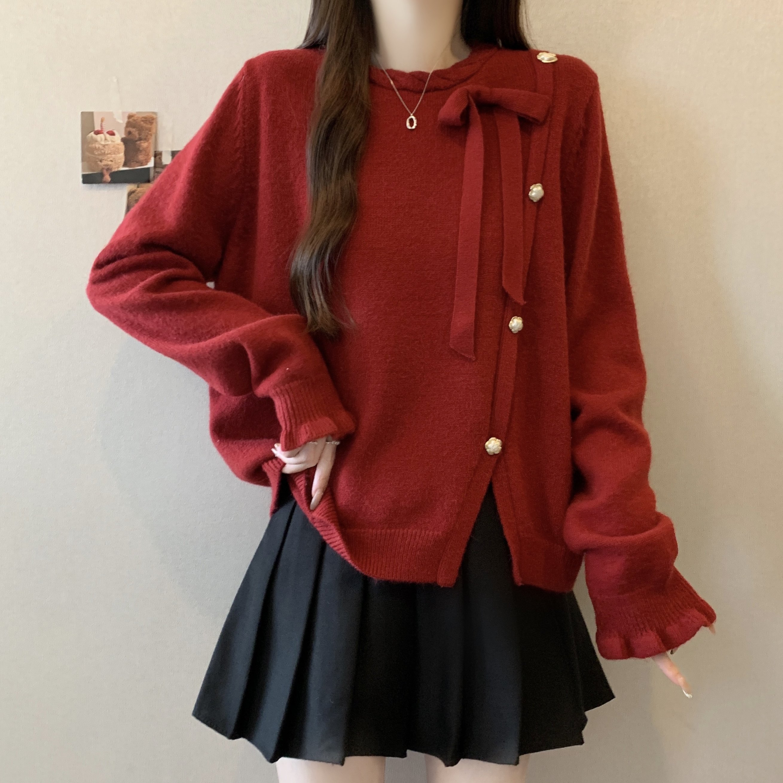 大码女装2025秋冬新款时尚设计感蝴蝶结红色毛衣胖mm内搭针织上衣,女装/女士精品,大码内搭,淘宝优惠券,粉丝福利购,淘宝优惠卷