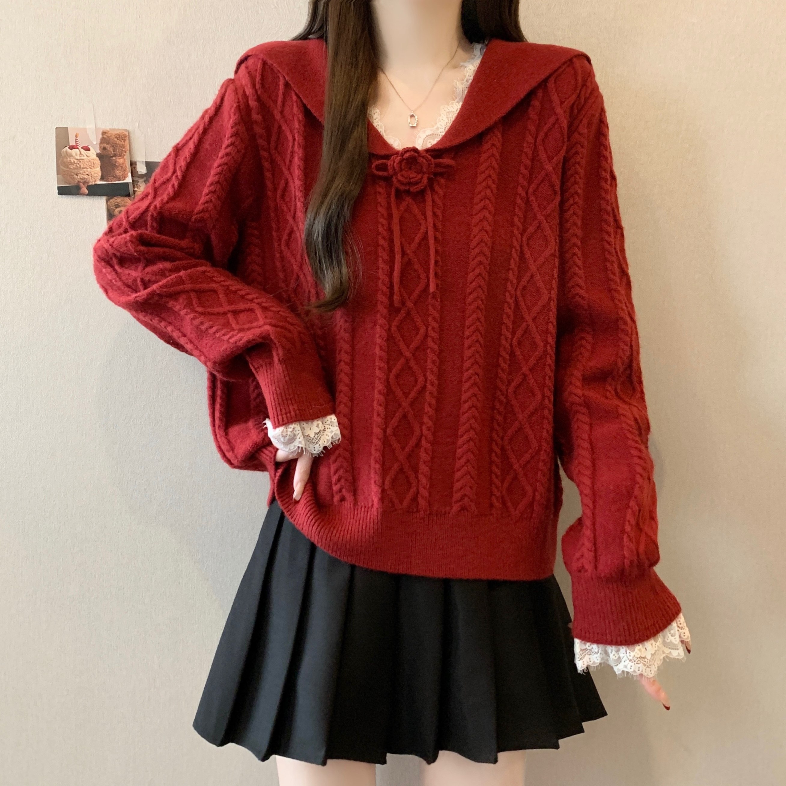 大码女装新年红色绞花纹毛衣2025秋冬新款宽松百搭法式针织衫上衣,女装/女士精品,大码内搭,淘宝优惠券,粉丝福利购,淘宝优惠卷