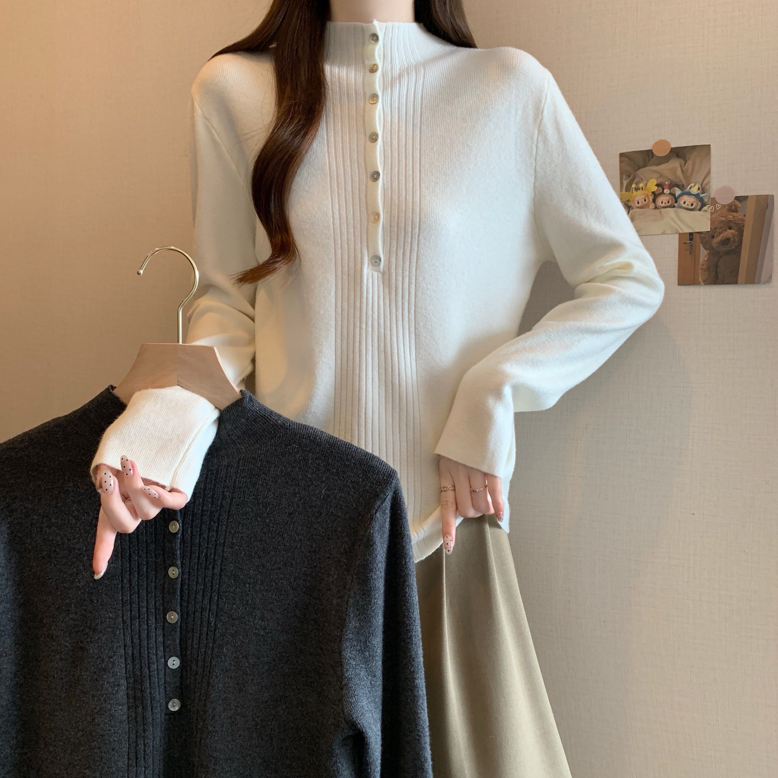 大码女装2025秋冬新款半高领纽扣褶皱纹针织衫胖MM宽松内搭打底衫,女装/女士精品,大码内搭,淘宝优惠券,粉丝福利购,淘宝优惠卷