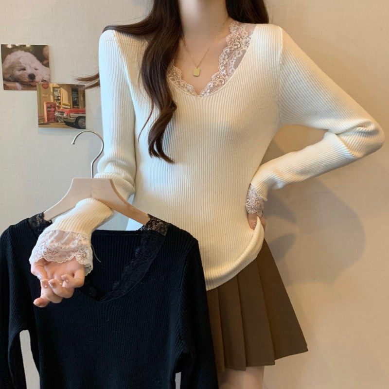 大码女装2025秋季新款胖MM蕾丝拼接内搭针织打底长袖套头针织衫潮,女装/女士精品,大码内搭,淘宝优惠券,粉丝福利购,淘宝优惠卷