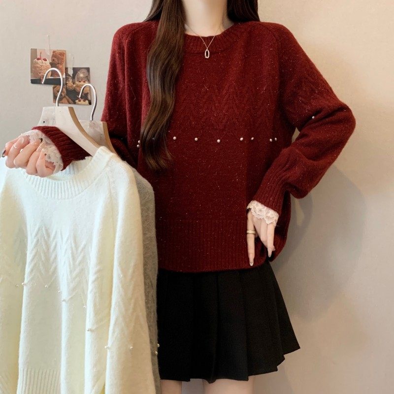 胖MM大码女装2025秋冬新款过年红圆领钉钻蕾丝拼接袖长袖套头毛衣,女装/女士精品,大码内搭,淘宝优惠券,粉丝福利购,淘宝优惠卷