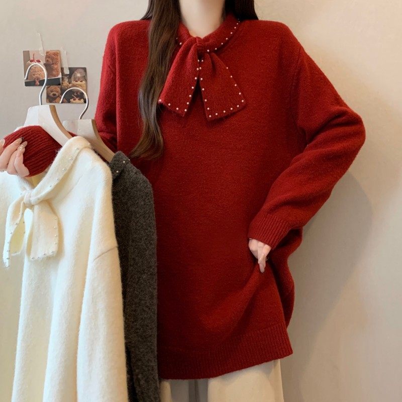 大码女装2025秋冬新款时尚百搭赫本风蝴蝶结长袖正肩上衣套头毛衣,女装/女士精品,大码内搭,淘宝优惠券,粉丝福利购,淘宝优惠卷