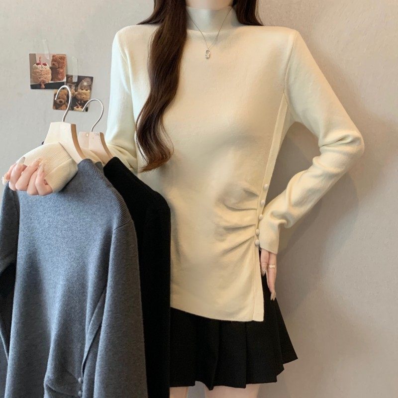 大码女装2025秋冬新款立领套头长袖正肩打底下摆开叉上衣针织衫潮,女装/女士精品,大码内搭,淘宝优惠券,粉丝福利购,淘宝优惠卷