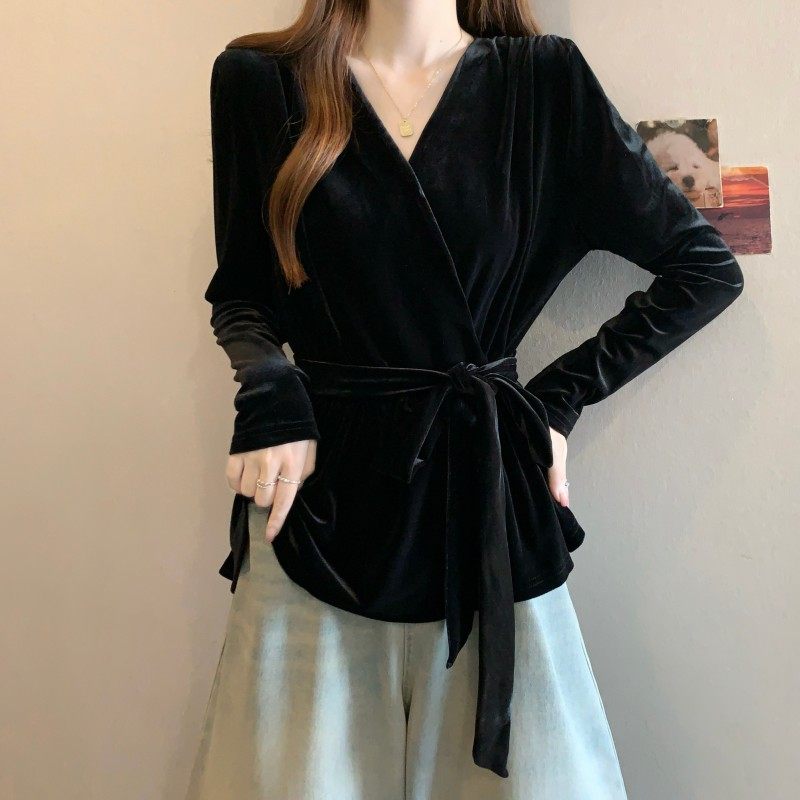 大码女装2025秋冬新款法式交叉V领收腰系绳正肩长袖金丝绒上衣潮,女装/女士精品,大码内搭,淘宝优惠券,粉丝福利购,淘宝优惠卷