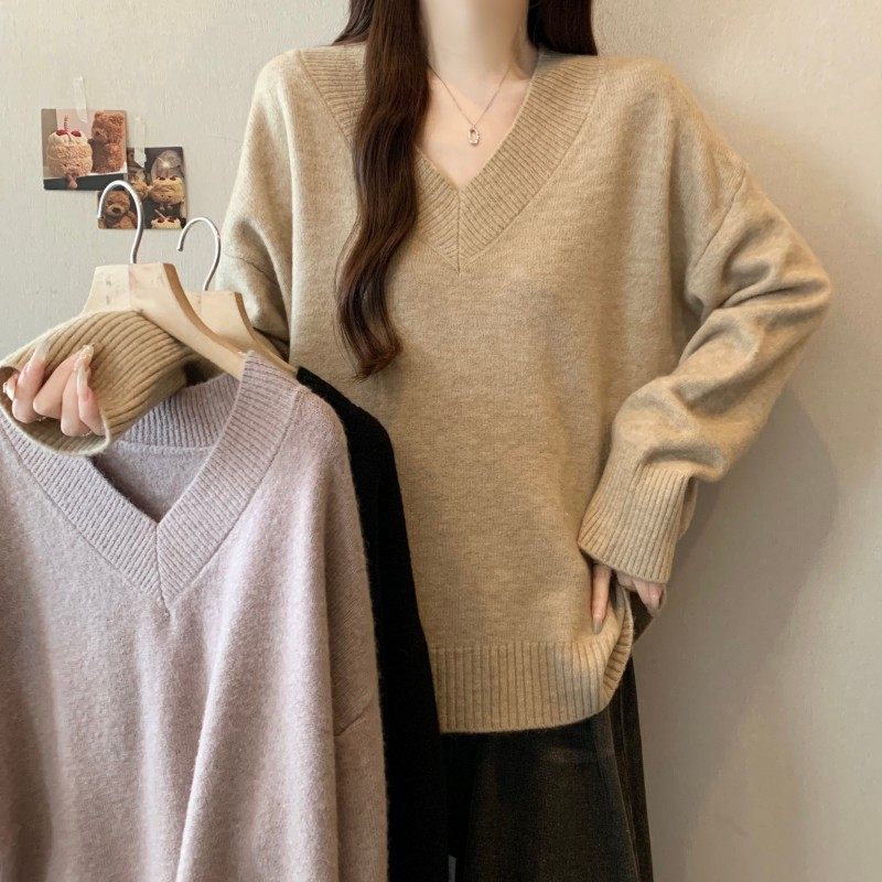 大码女装2025秋冬新款V领宽松百搭简约落肩袖套头长袖上衣毛衣潮,女装/女士精品,大码内搭,淘宝优惠券,粉丝福利购,淘宝优惠卷