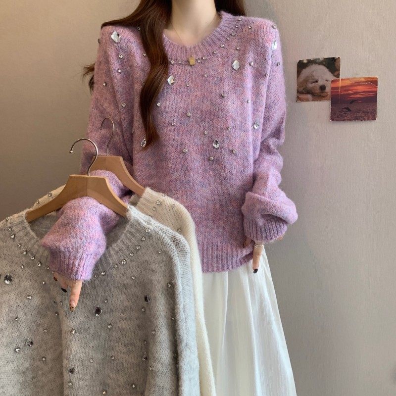 大码女装2025秋冬新款时尚百搭圆领套头法式重工钉钻长袖上衣毛衣,女装/女士精品,大码内搭,淘宝优惠券,粉丝福利购,淘宝优惠卷