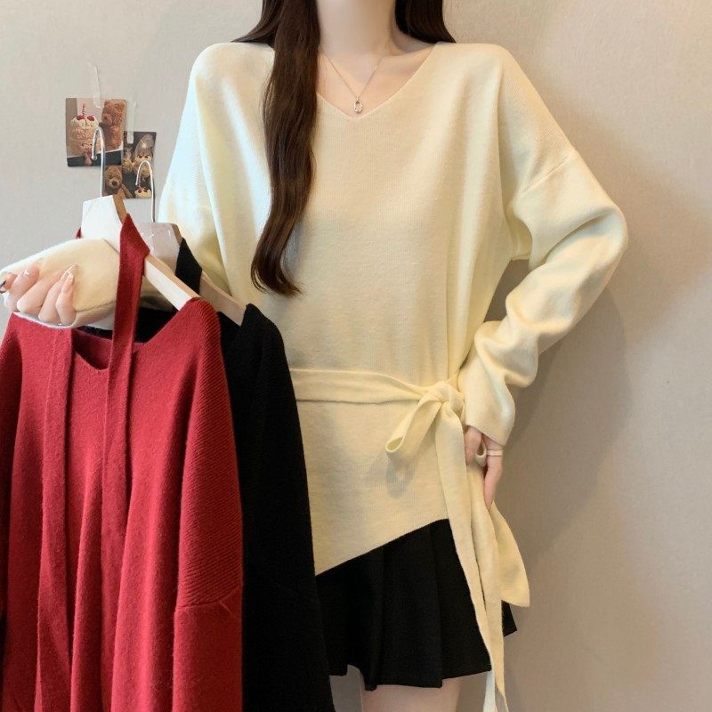 大码女装2025秋冬新款V领不规则下摆收腰系绳长袖上衣套头毛衣潮,女装/女士精品,大码内搭,淘宝优惠券,粉丝福利购,淘宝优惠卷