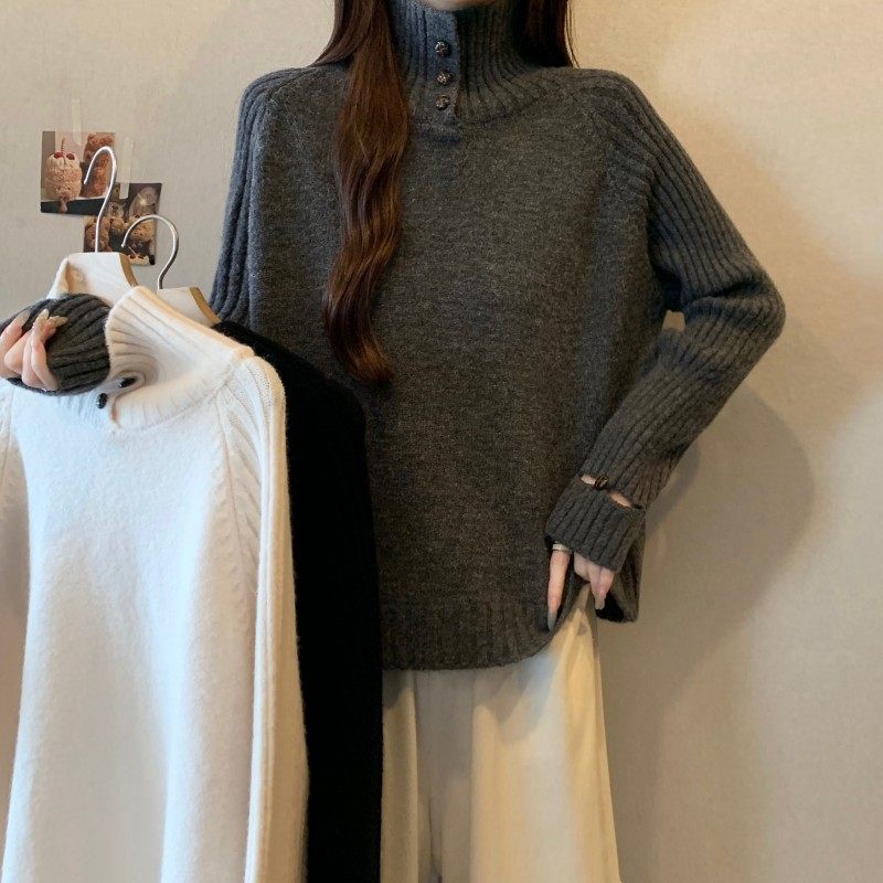 大码女装2025秋冬新款时尚设计感扣子高领插肩袖套头长袖上衣毛衣,女装/女士精品,大码内搭,淘宝优惠券,粉丝福利购,淘宝优惠卷