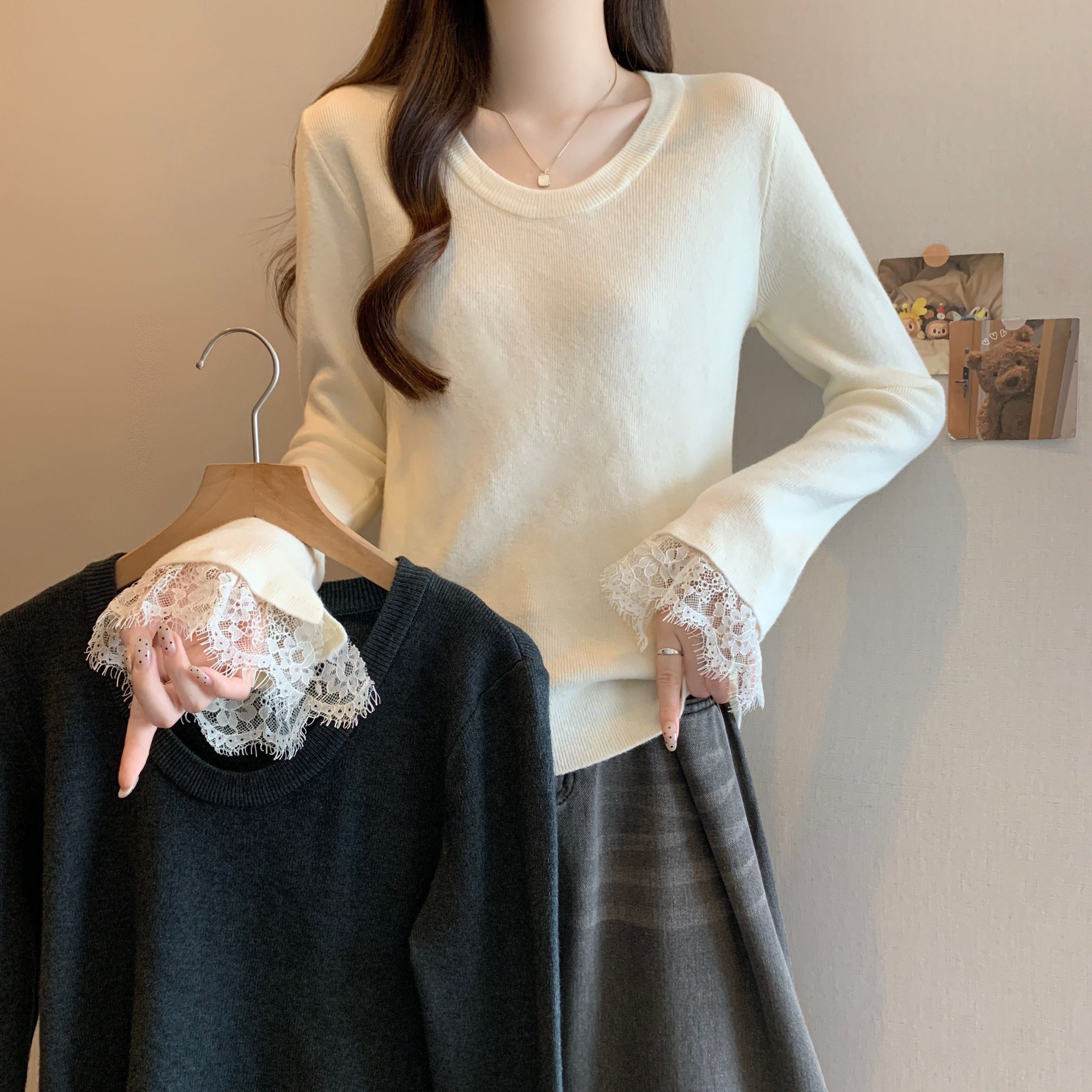 大码女装秋冬U领针织衫毛衣正肩长袖T恤女胖MM蕾丝袖内搭打底上衣,女装/女士精品,大码内搭,淘宝优惠券,粉丝福利购,淘宝优惠卷
