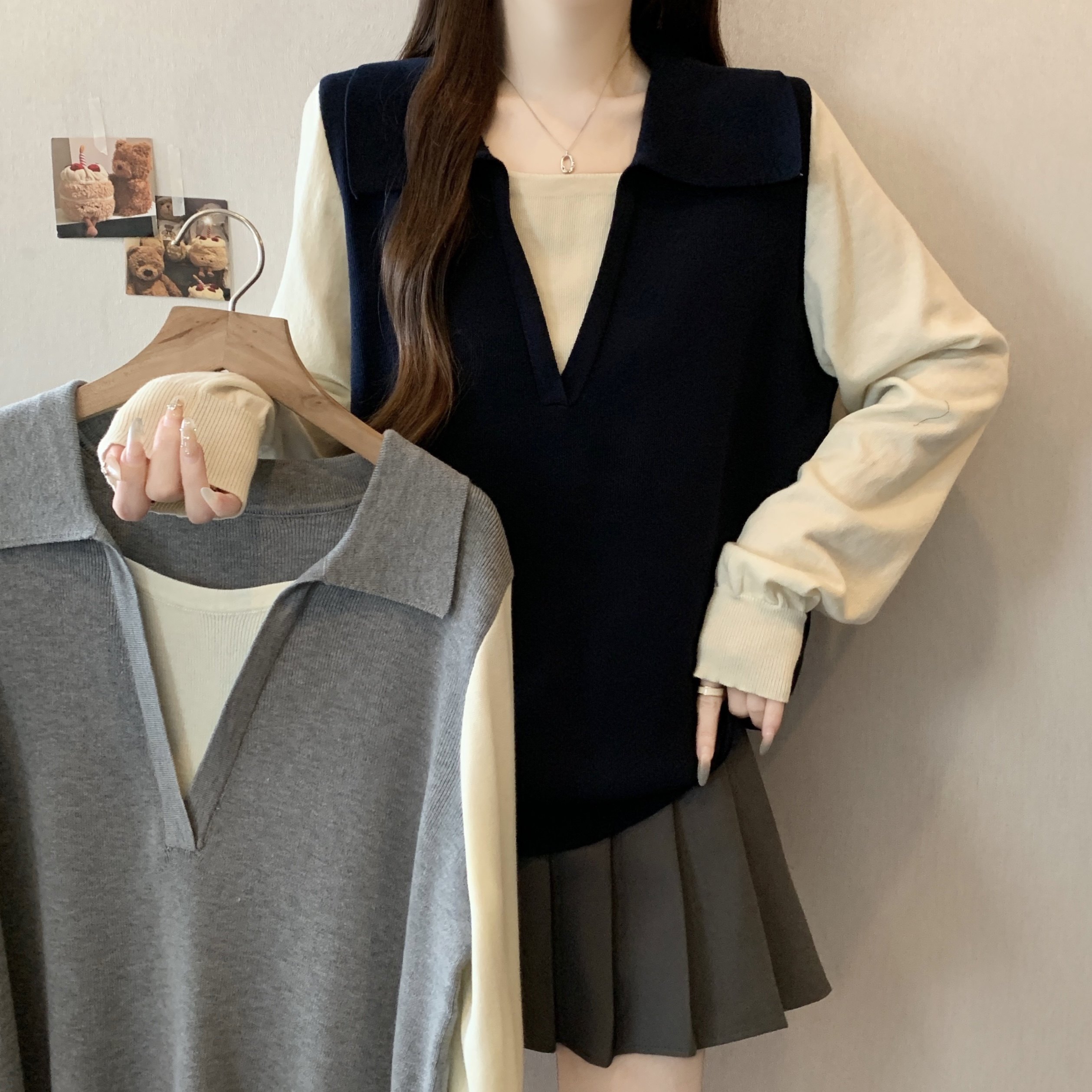 大码女装撞色假两件polo领毛衣秋冬新款胖mm时尚百搭针织衫上衣潮,女装/女士精品,大码内搭,淘宝优惠券,粉丝福利购,淘宝优惠卷