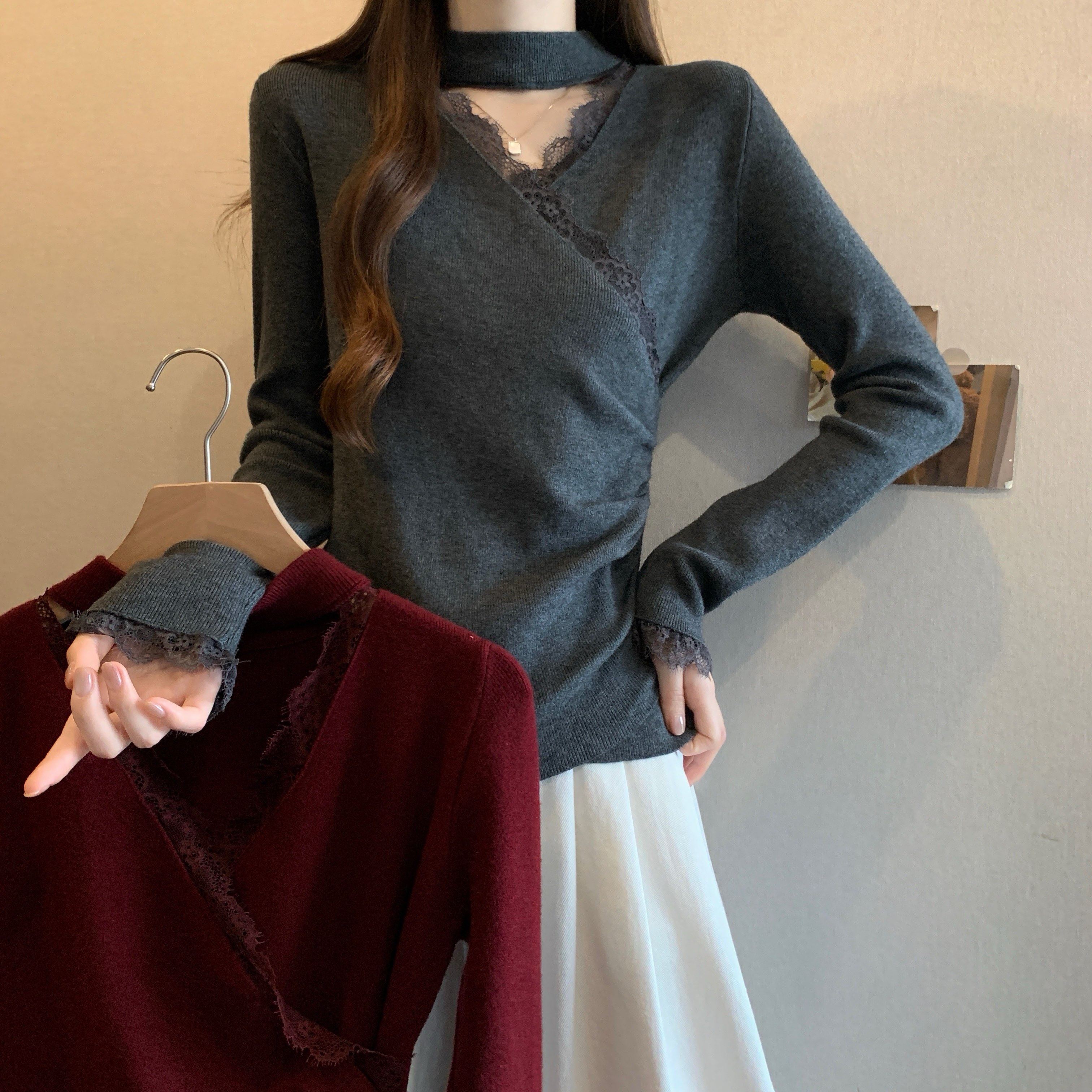 大码女装秋冬新款挂脖蕾丝交叉V领针织打底衫女胖MM褶皱收腰上衣,女装/女士精品,大码内搭,淘宝优惠券,粉丝福利购,淘宝优惠卷