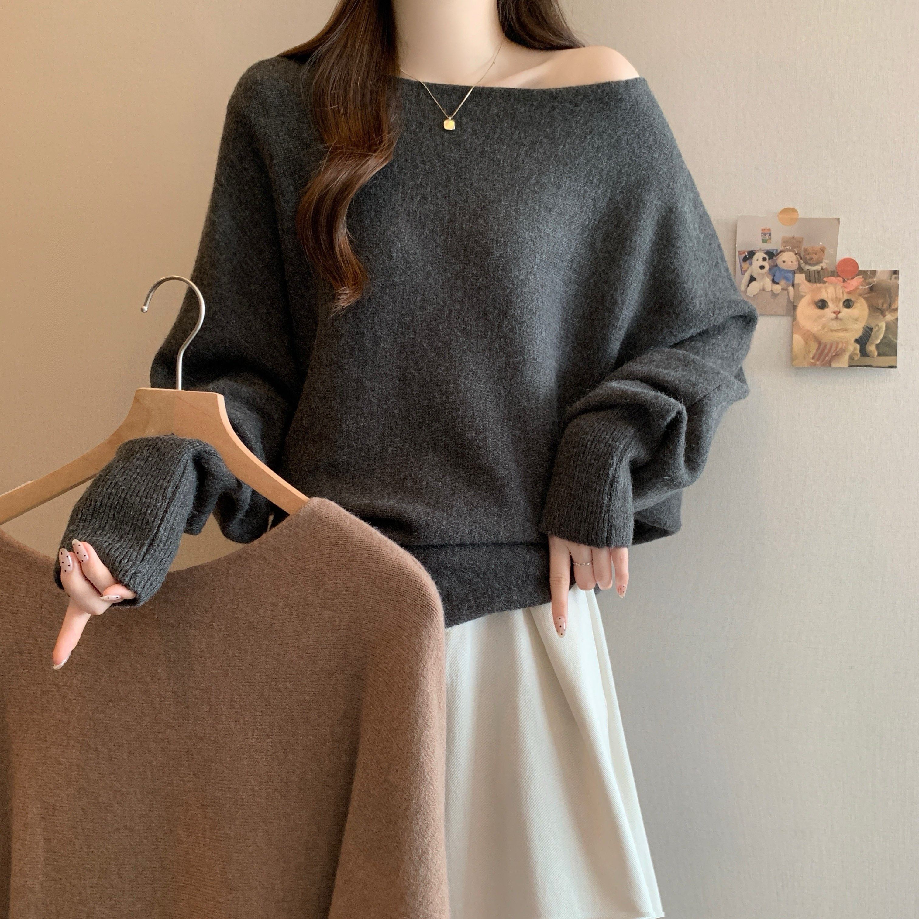 大码女装2025秋冬新款斜肩针织衫毛衣胖MM露肩百搭长袖上衣打底衫,女装/女士精品,大码内搭,淘宝优惠券,粉丝福利购,淘宝优惠卷