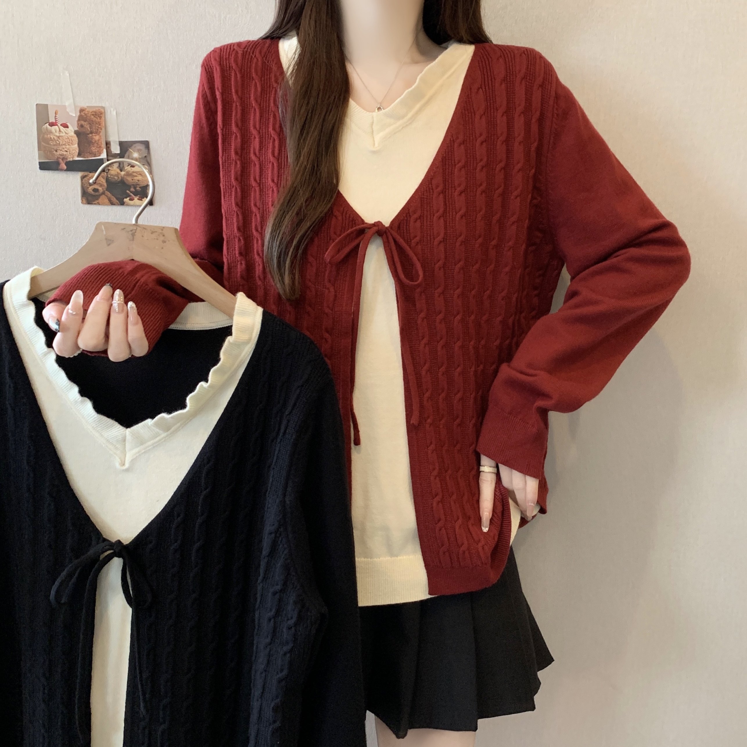 大码女装假两件绑带百搭上衣2025秋冬新款胖mm撞色长袖针织衫毛衣,女装/女士精品,大码内搭,淘宝优惠券,粉丝福利购,淘宝优惠卷