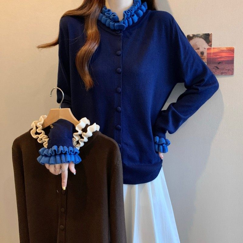 大码女装2025秋季新款时尚百搭撞色百褶花边领长袖正肩开衫毛衣潮,女装/女士精品,大码内搭,淘宝优惠券,粉丝福利购,淘宝优惠卷