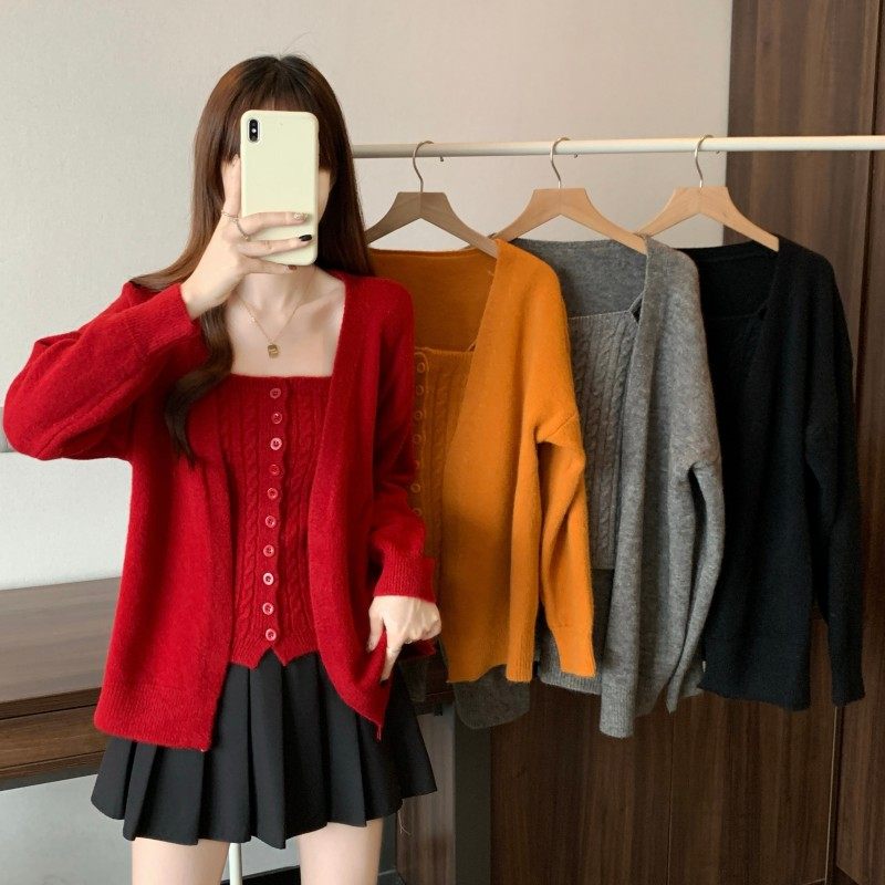 大码女装2025秋季新款胖MM一排扣吊带宽松落肩袖开衫毛衣两件套潮,女装/女士精品,大码内搭,淘宝优惠券,粉丝福利购,淘宝优惠卷