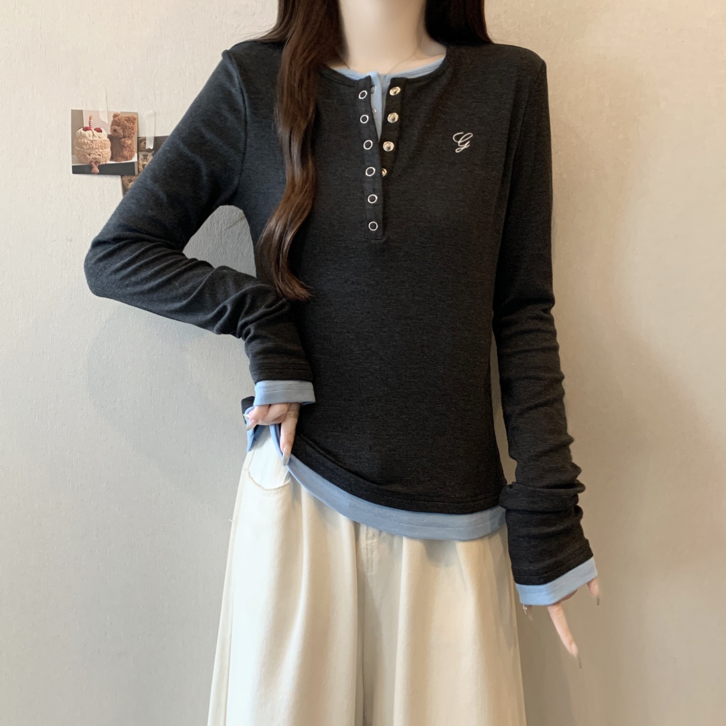 大码女装时尚百搭长袖T恤秋季新款胖MM内搭打底衫假两件正肩上衣,女装/女士精品,大码内搭,淘宝优惠券,粉丝福利购,淘宝优惠卷