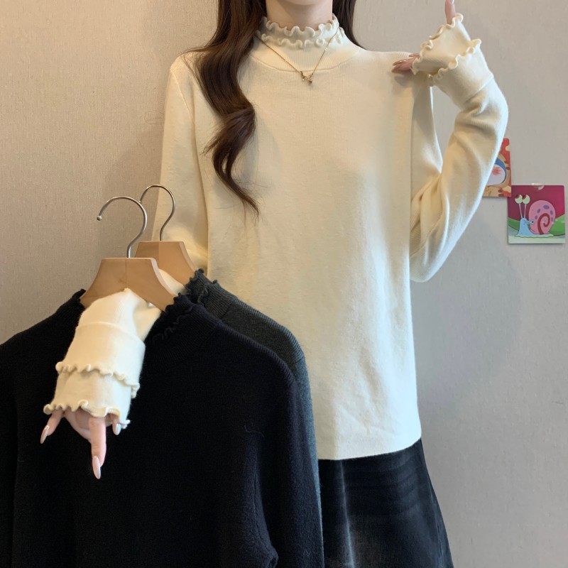 大码女装2025秋冬新款波浪密边双领打底长袖正肩套头针织衫毛衣潮,女装/女士精品,大码内搭,淘宝优惠券,粉丝福利购,淘宝优惠卷