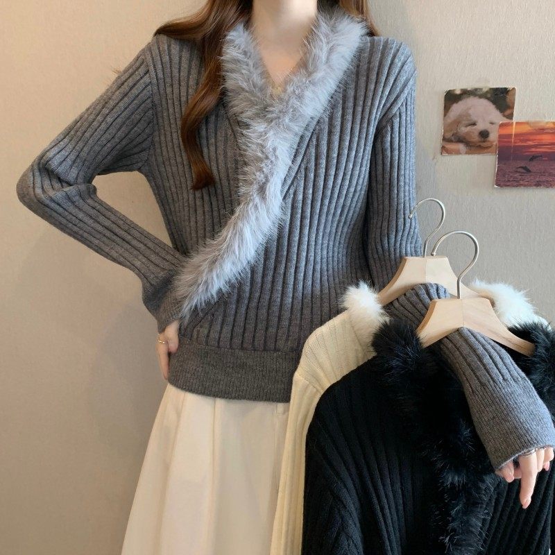 大码女装2025秋冬新款法气质式交叉兔毛V领正肩长袖套头上衣毛衣,女装/女士精品,大码内搭,淘宝优惠券,粉丝福利购,淘宝优惠卷