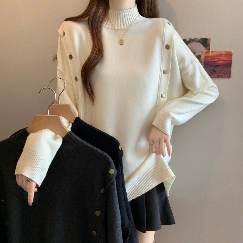 大码女装2025秋冬新款中领套头金属扣落肩袖宽松长袖针织衫毛衣潮,女装/女士精品,大码内搭,淘宝优惠券,粉丝福利购,淘宝优惠卷
