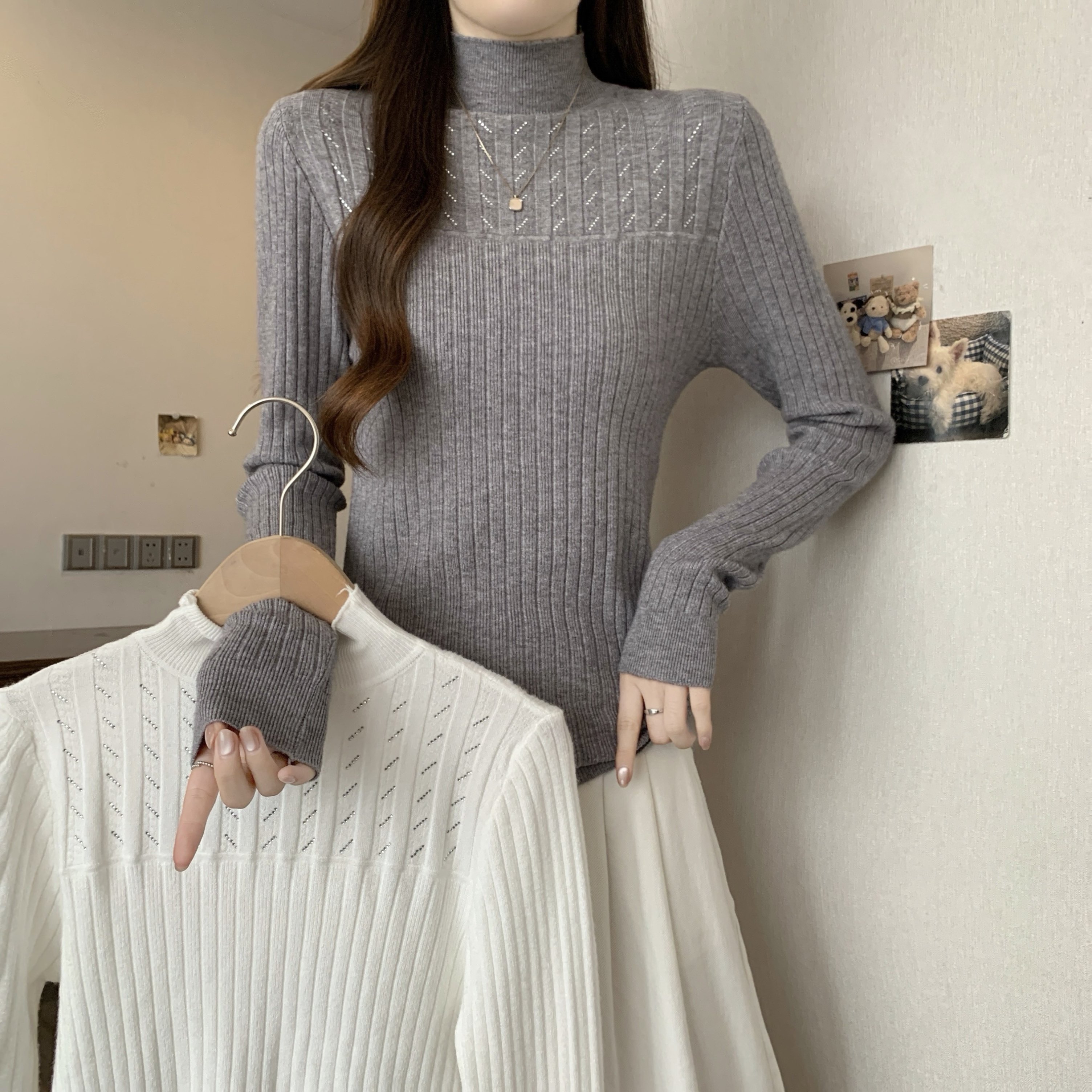 大码女装胖MM韩系时尚秋冬新款烫钻设计感针织衫女修身百搭打底衫,女装/女士精品,大码内搭,淘宝优惠券,粉丝福利购,淘宝优惠卷