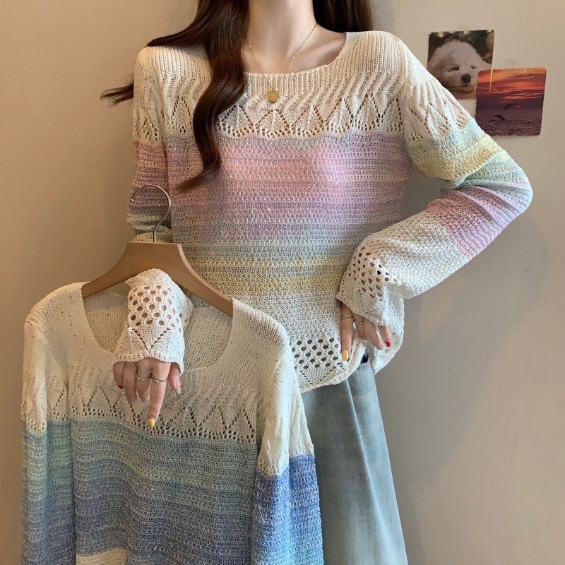 大码女装2025秋季新款法式气质方领彩虹渐变长袖上衣针织衫毛衣潮,女装/女士精品,大码内搭,淘宝优惠券,粉丝福利购,淘宝优惠卷