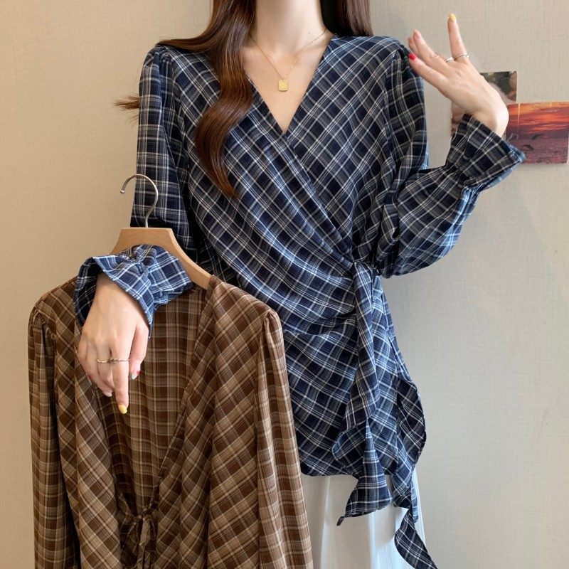 大码女装2025秋季新款胖MM法式气质V领交叉系带修身格子长袖上衣,女装/女士精品,大码内搭,淘宝优惠券,粉丝福利购,淘宝优惠卷