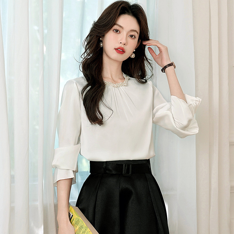 法式气质领口串珠套头长袖衬衫女2026春季新款喇叭袖职业通勤上衣,女装/女士精品,蕾丝衫/雪纺衫,淘宝优惠券,粉丝福利购,淘宝优惠卷
