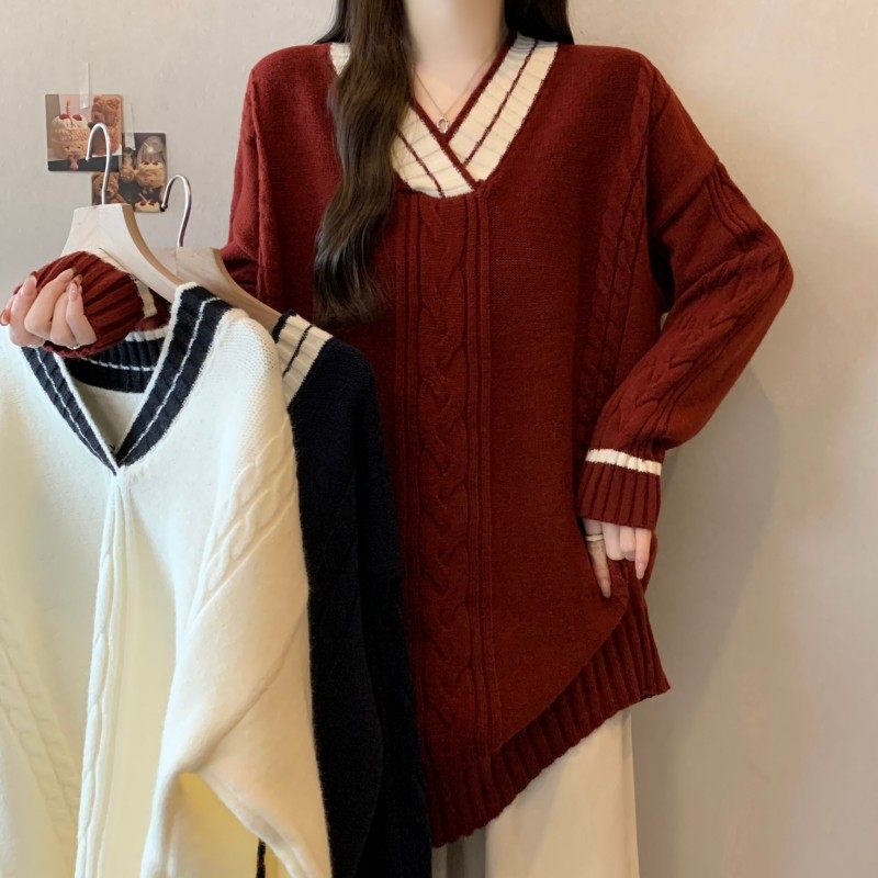 大码女装2025秋冬新款胖MM过年红时尚百搭撞色V领下长袖套头毛衣,女装/女士精品,大码内搭,淘宝优惠券,粉丝福利购,淘宝优惠卷
