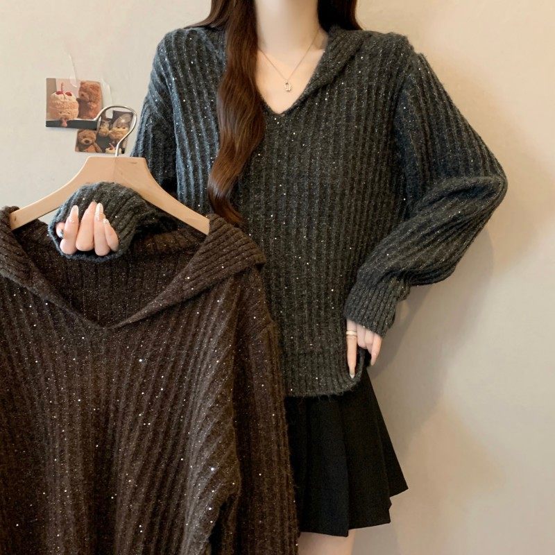 大码女装2025秋冬新款时尚百搭剪刀领正肩亮片纱长袖套头上衣毛衣,女装/女士精品,大码内搭,淘宝优惠券,粉丝福利购,淘宝优惠卷