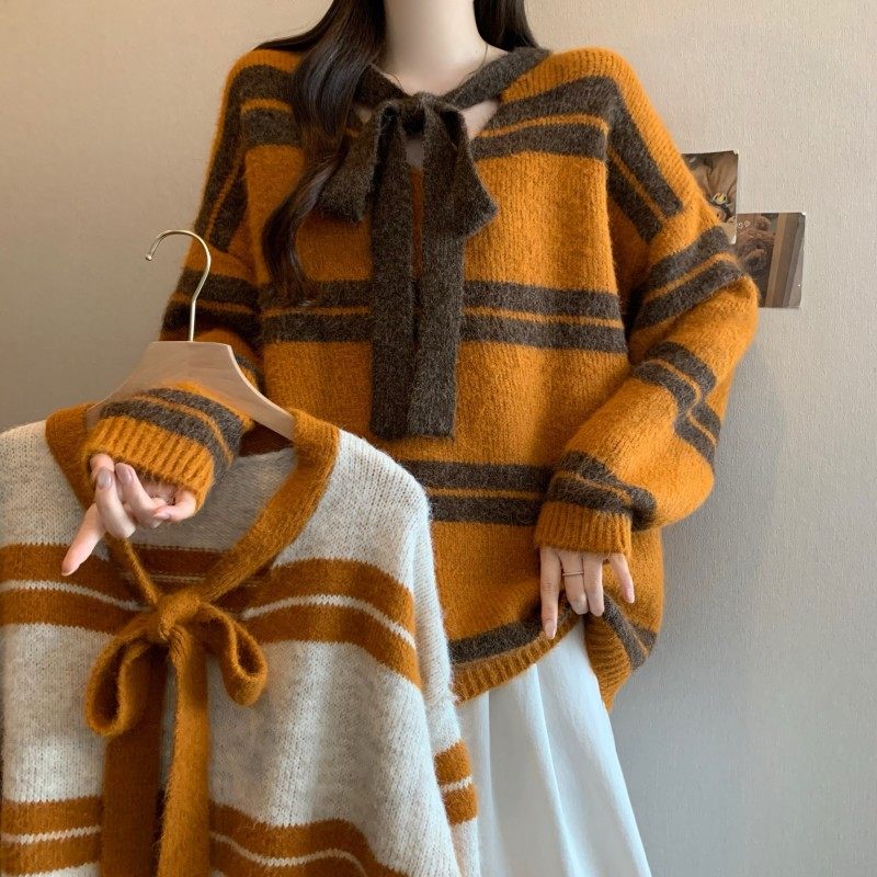 大码女装2025秋冬新款时尚百搭条纹系带蝴蝶结长袖上衣套头毛衣潮,女装/女士精品,大码内搭,淘宝优惠券,粉丝福利购,淘宝优惠卷