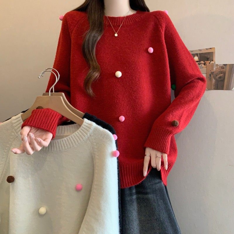 胖MM大码女装2025秋冬新款圆领彩色毛球过年红长袖套头上衣毛衣潮,女装/女士精品,大码内搭,淘宝优惠券,粉丝福利购,淘宝优惠卷