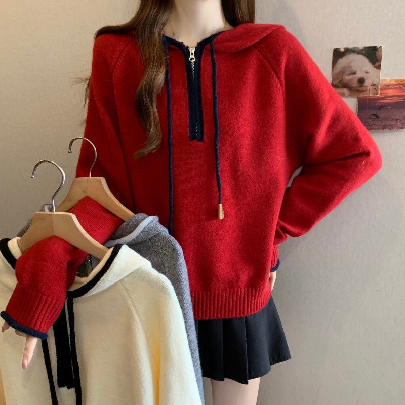 大码女装2025秋冬新款过年红撞色连帽半拉链长袖套头插肩袖毛衣潮,女装/女士精品,大码内搭,淘宝优惠券,粉丝福利购,淘宝优惠卷