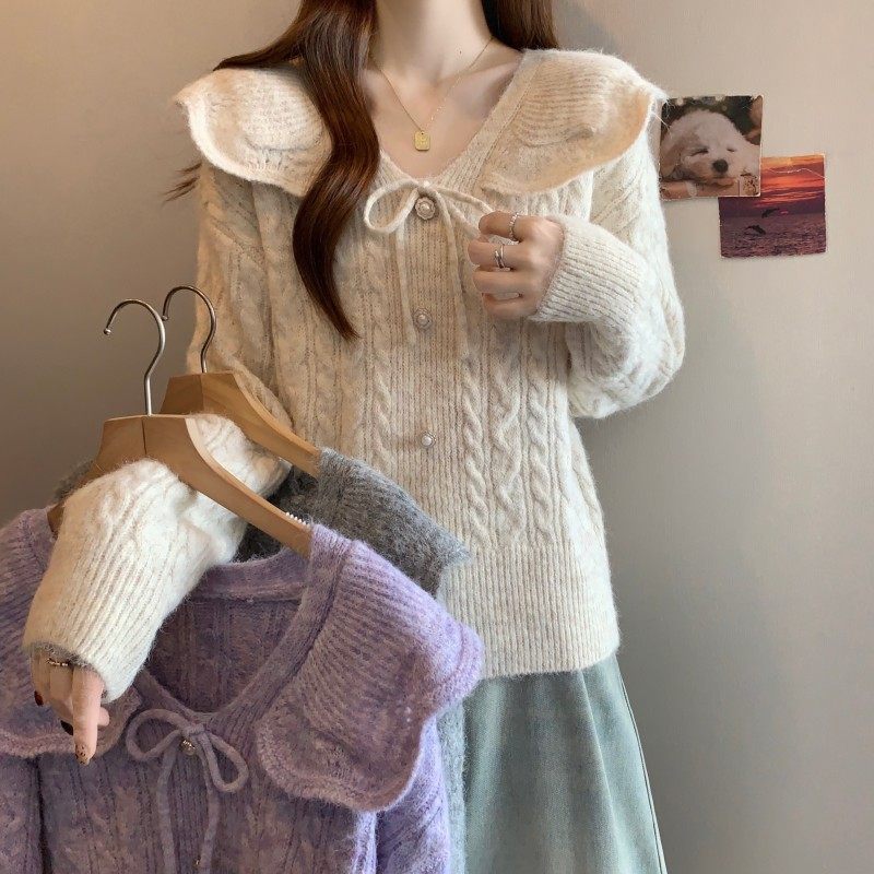 大码女装2025秋季新款时尚百搭娃娃领蝴蝶结V领长袖套头上衣毛衣,女装/女士精品,大码内搭,淘宝优惠券,粉丝福利购,淘宝优惠卷