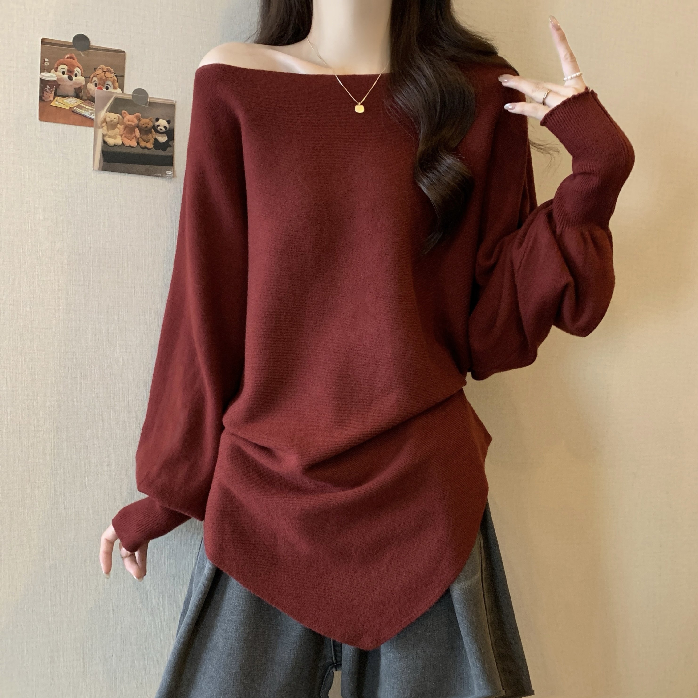 大码女装一字肩针织打底衫毛衣女秋冬新款收腰法式不规则长袖上衣,女装/女士精品,大码内搭,淘宝优惠券,粉丝福利购,淘宝优惠卷