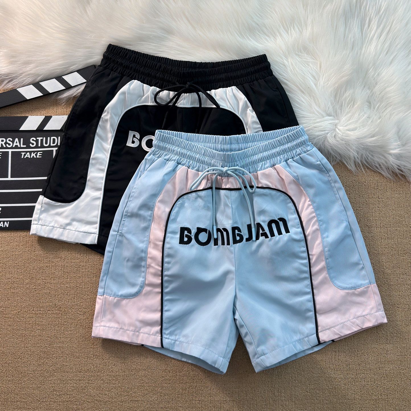 港风宽松休闲短裤男厚实风衣布美式高街撞色刺绣运动篮球四分裤夏