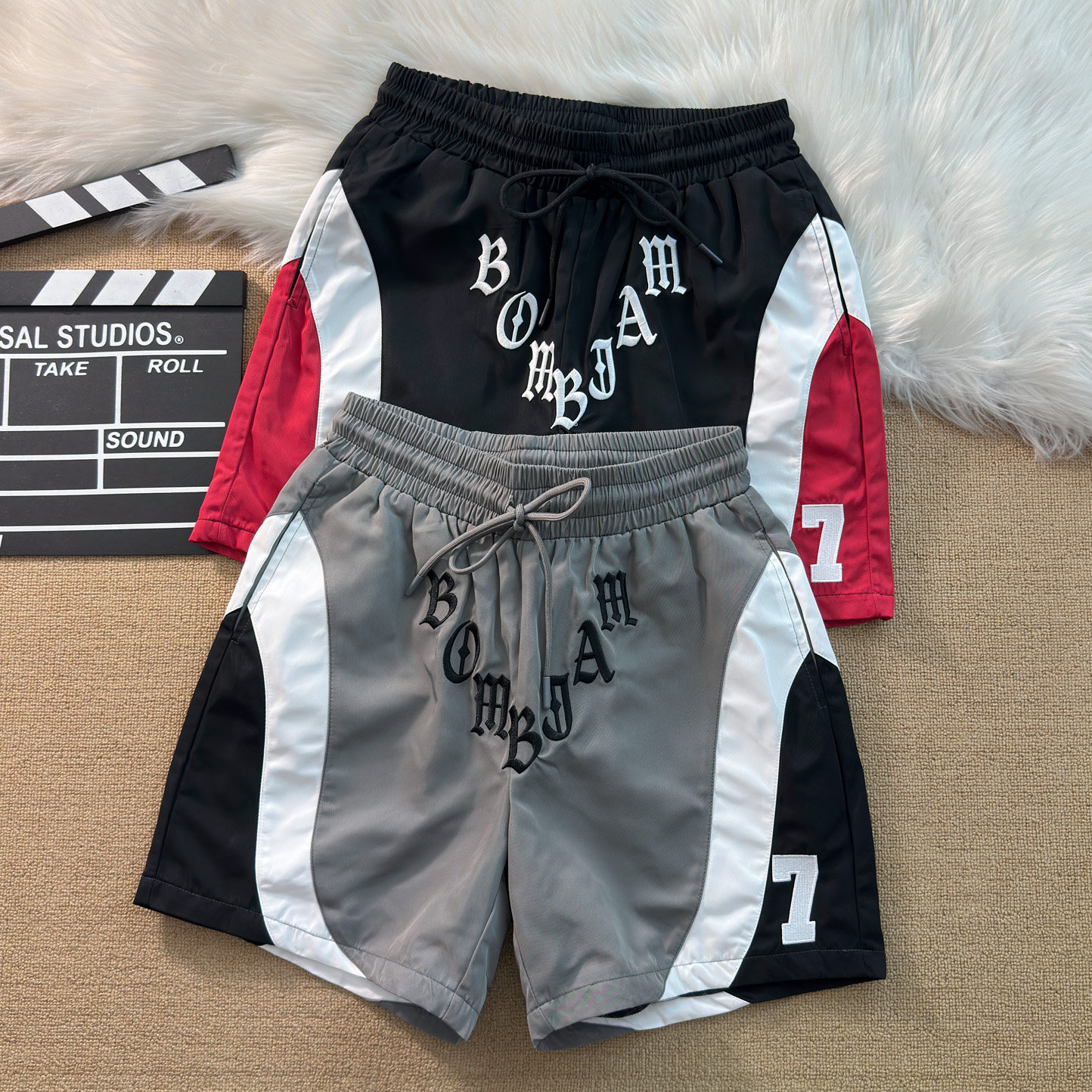 港风复古美式高街休闲短裤男夏宽松风衣布厚实撞色刺绣运动四分裤