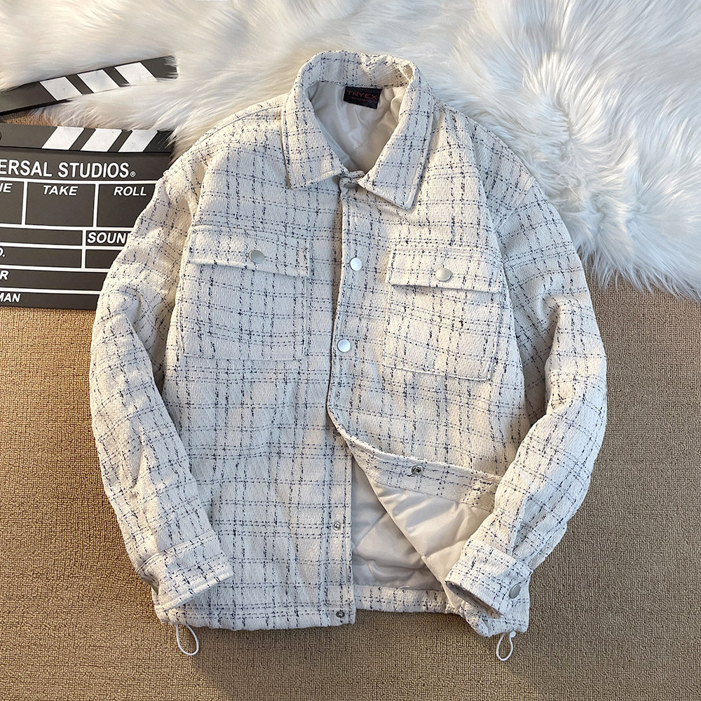 小清新质感气质轻奢翻领棉服男潮流宽松保暖百搭格纹外套夹克棉衣