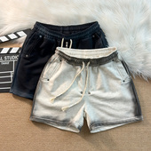 中裤 设计喷脏做旧水洗重磅毛圈短裤 男潮牌宽松休闲松紧抽绳四分裤