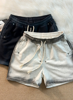 设计喷脏做旧水洗重磅毛圈短裤男潮牌宽松休闲松紧抽绳四分裤中裤
