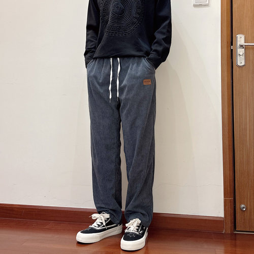 复古日系肌理感灯芯绒裤子男纯色宽松直筒休闲裤学生通勤拖地长裤