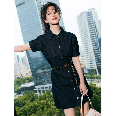 杨紫同款单排扣深蓝色牛仔连衣裙
