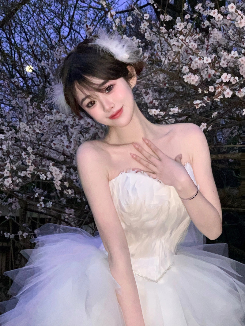 韩版抹胸蓬蓬裙短裙羽毛黑白天鹅